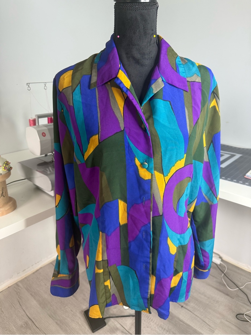 Abstract Print Long Sleeve Blouse - Purple/Blue/Green